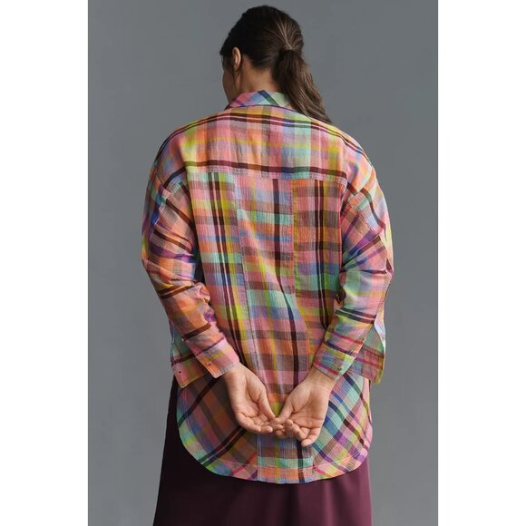 Pilcro Long-Sleeve Mixed Madras Plaid Oversized Buttondown Shirt 2X - Picture 3 of 4